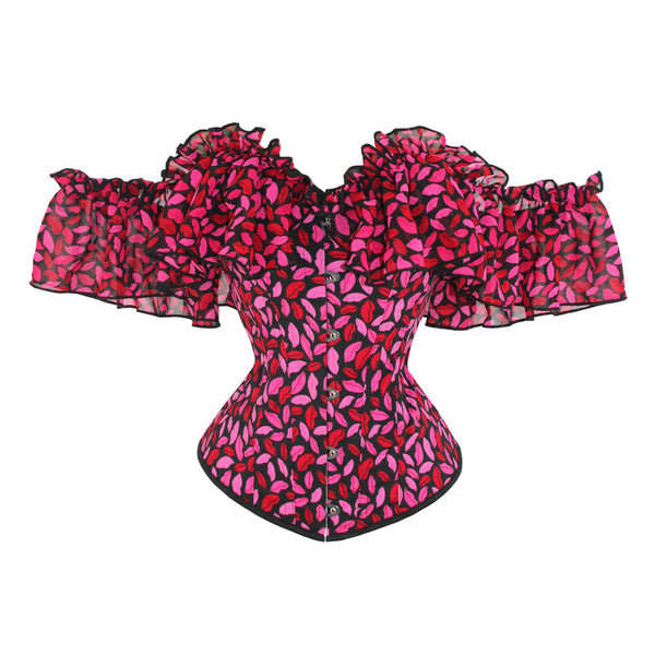 Red Lip Printed Overbust Corset, Bustier Lace up Corset