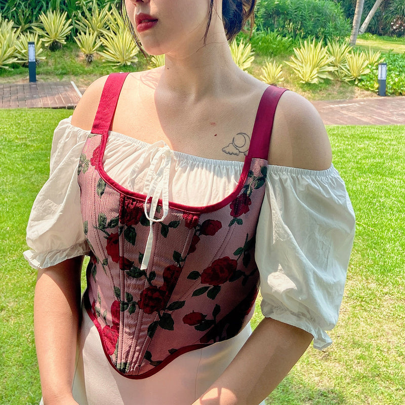 Floral Renaissnace Overbust Corset, Medieval Lace up Vintage Corset,