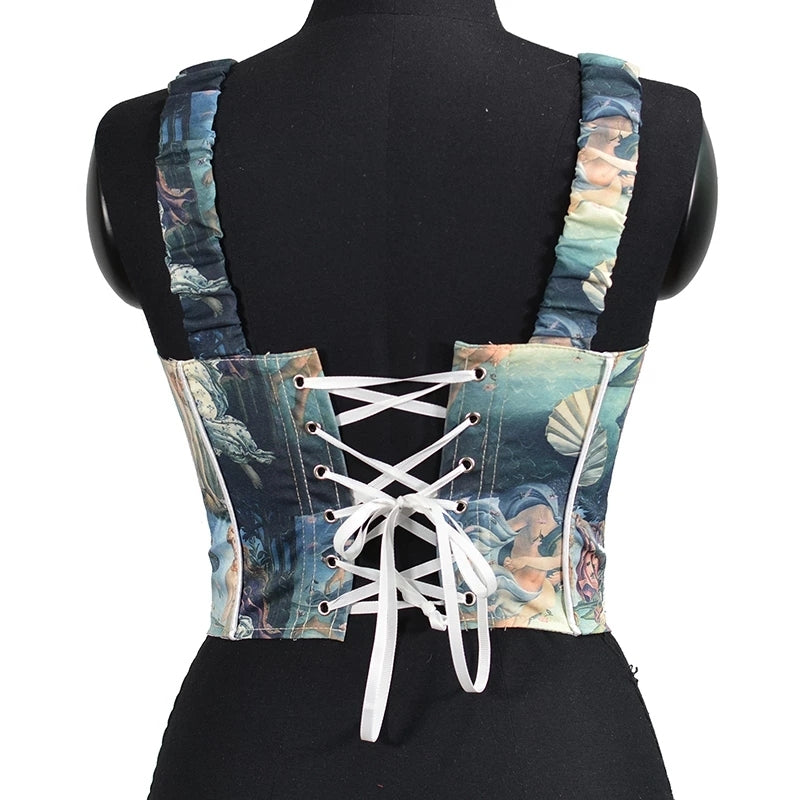 Medieval Overbust Tapestry Corset, Fairy Renaissance Vintage Corset, Ren Faire Lace up Corset Top