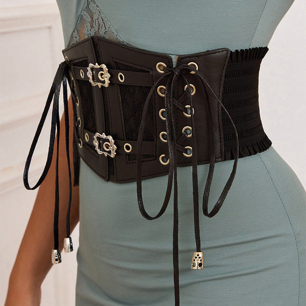 Medieval Renaisaance Underbust Corset, Vintage Goth Black Corset Belt, Unique Lace Up Wide Waist Corset Belt