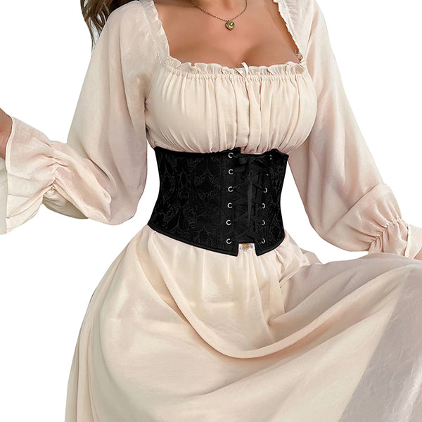 Medieval Renaissance Black Corset, Floral Underbust Waist Corset Belt, Front Lace up Goth Womens Corset