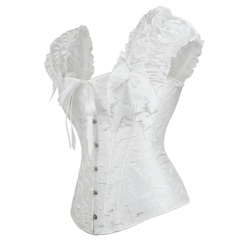 Overbust Lace Up Black Corset, Unique Retro Puff Sleeves Corset