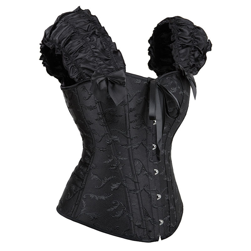 Overbust Lace Up Black Corset, Unique Retro Puff Sleeves Corset