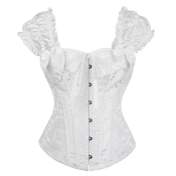 Overbust Lace Up Black Corset, Unique Retro Puff Sleeves Corset