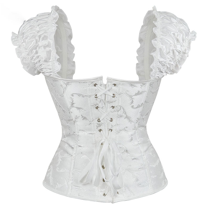 Overbust Lace Up Black Corset, Unique Retro Puff Sleeves Corset