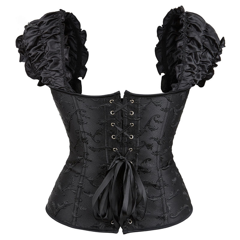 Overbust Lace Up Black Corset, Unique Retro Puff Sleeves Corset
