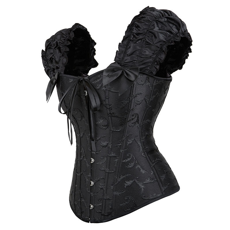 Overbust Lace Up Black Corset, Unique Retro Puff Sleeves Corset