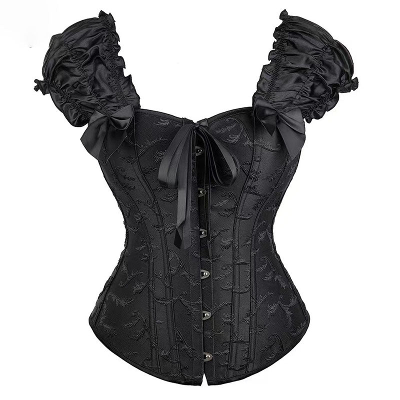 Overbust Lace Up Black Corset, Unique Retro Puff Sleeves Corset