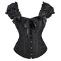 Overbust Lace Up Black Corset, Unique Retro Puff Sleeves Corset