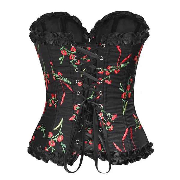 Renaissance Overbust Floral Corset, Victorian Vintage Black Corset, Ren Faire Back Lace up Ruffles Corset