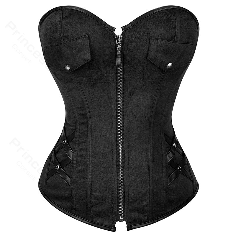 Renaissance Steampunk Overbust Corset – Ren Faire Front Zip Black Corset, Vintage Bustier Cosplay Corset