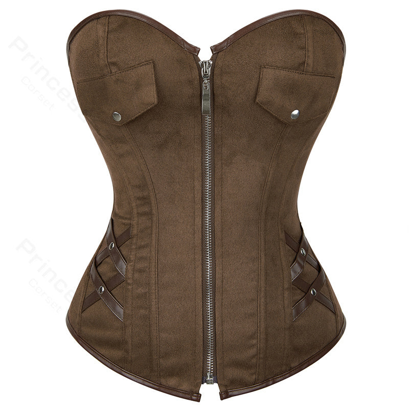 Renaissance Steampunk Overbust Corset – Ren Faire Front Zip Black Corset, Vintage Bustier Cosplay Corset