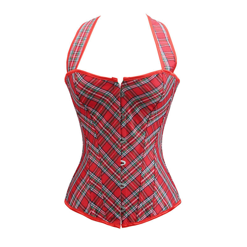 Unique Overbust Plaid Corset, Elegant Lace up Halter Corset, Victorian Renaissance Cosplay Corset