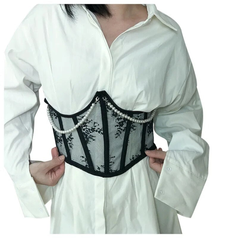 Black Underbust Mesh Corset Floral Lace Wide Belt Women Front View