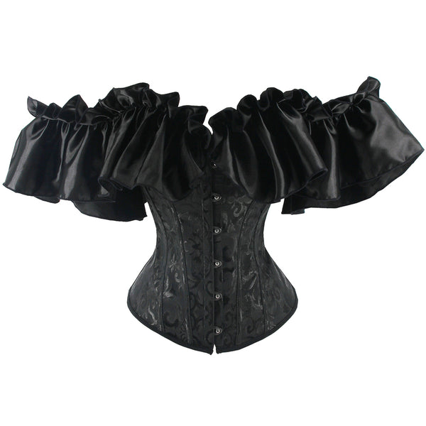 Victorian Renasissance Overbust Corset, Vintage Steampunk Goth Corset, Lace Up Off Shoulder Ruffles Corset