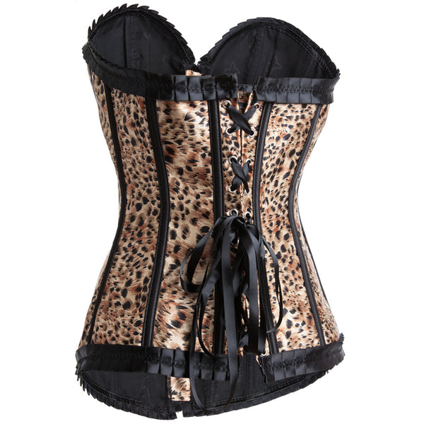 Vintage Victorian Overbust Corset,  Lace Up Renaissance Leopard Pattern Corset