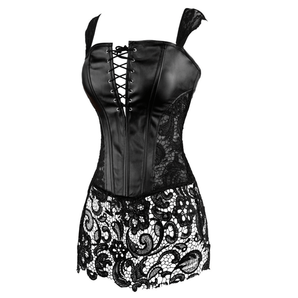 Floral Lace Leather Corset With Skirt, Steampunk Goth Overbust Corset